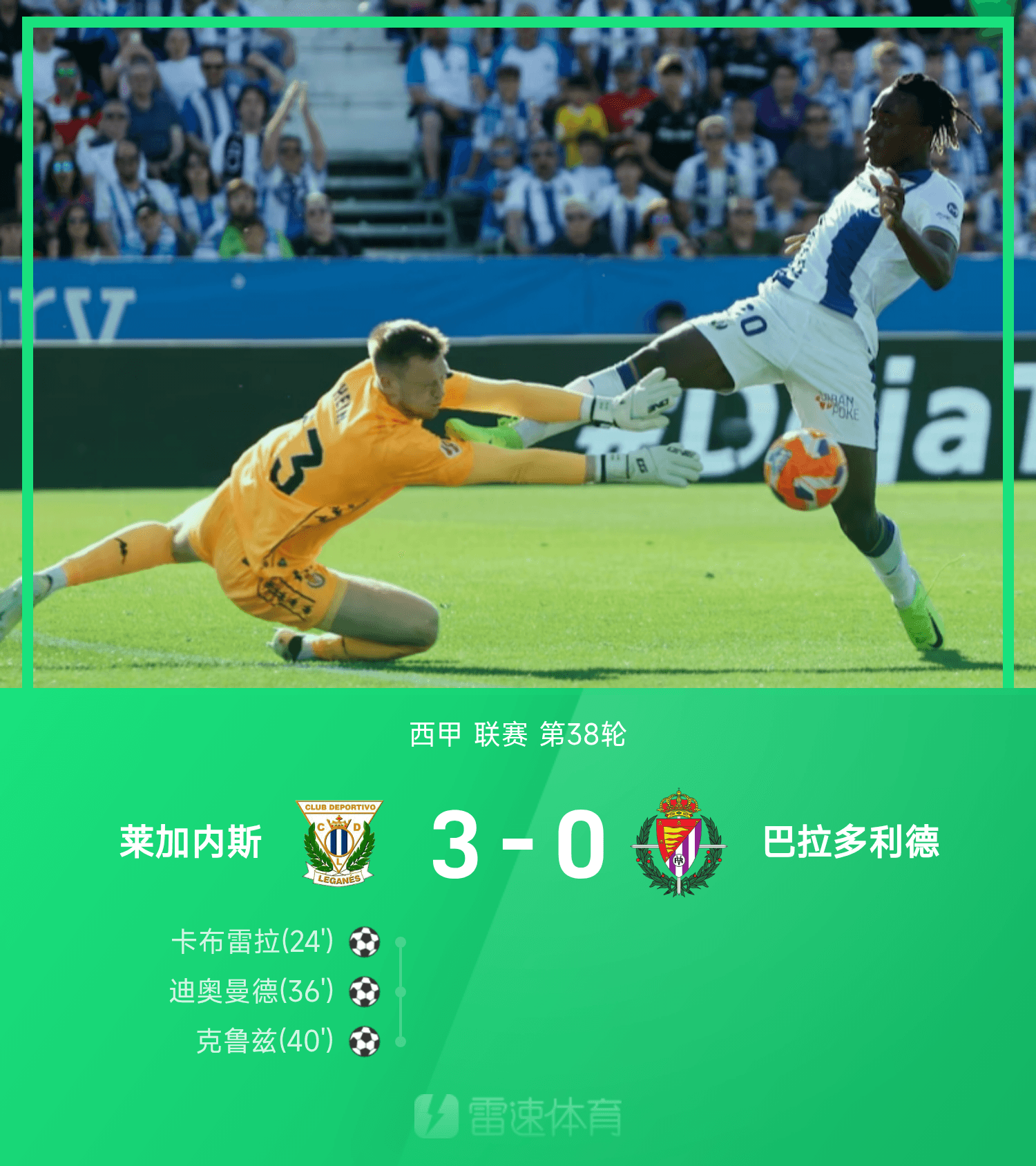 西甲战报：迪奥曼德传射，莱加内斯3-0巴拉多利德，仍旧降级